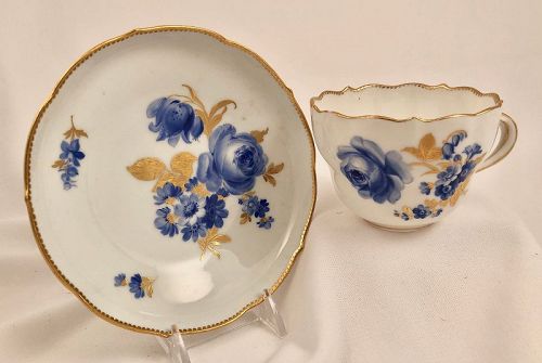 Antique Meissen Tea Cup & Saucer, Blue Roses