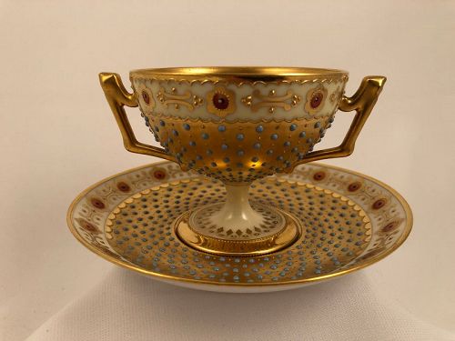 Antique Donath Dresden Sherbet Cup & Saucer, Jewelled, Richly Gilded
