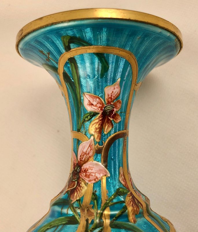 Antique French Enamel on Brass Vase, Scenic, Portrait