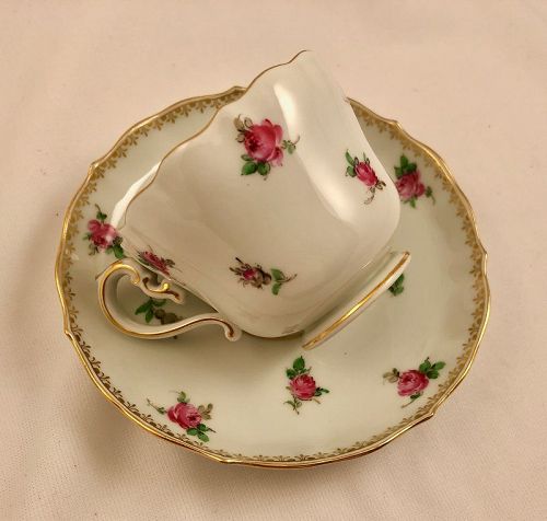 Antique Meissen Tea Cup & Saucer, Tiny Rose Buds, Lacy Gilding