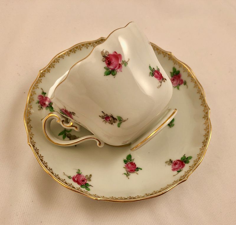 Antique Meissen Tea Cup &amp; Saucer, Tiny Rose Buds, Lacy Gilding