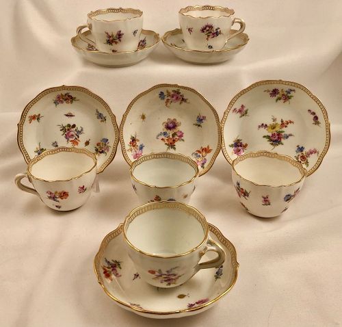 6 Antique Meissen Demitasse Cups & Saucers,  Flowers & Bugs