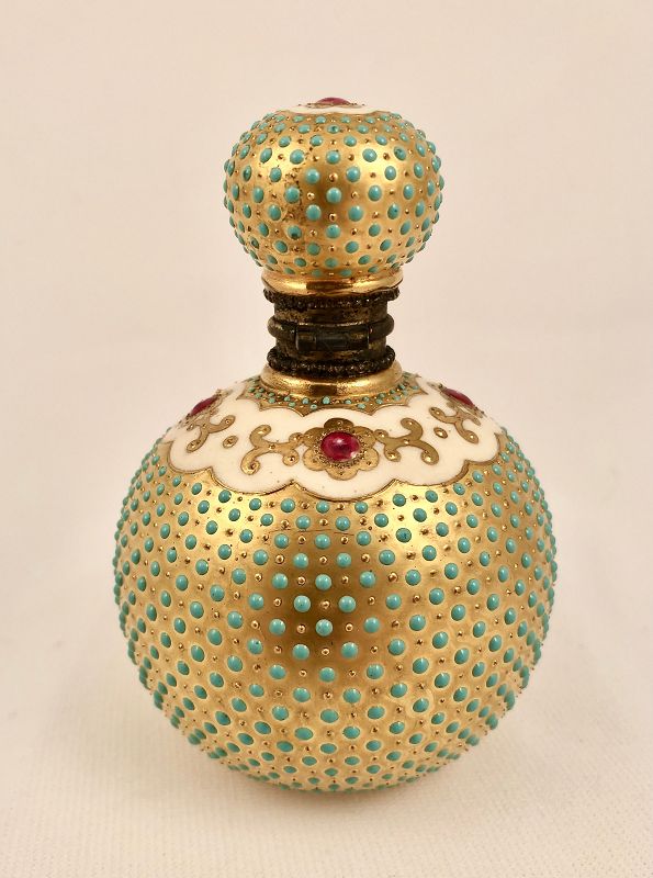 Antique Coalport Jeweled &amp; Enameled Perfume Bottle