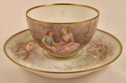 Antique Paris Tea Cup & Saucer, Watteau Scene, Sevres Style