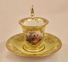 Antique Meissen Demitasse Cup & Saucer, Scenic, Yellow Ground