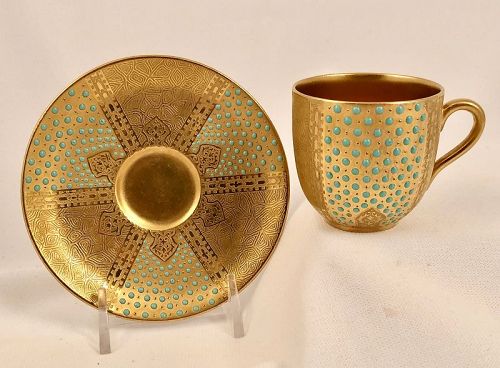 Antique Coalport Demitasse Cup & Saucer, Jeweled, Richly Gided
