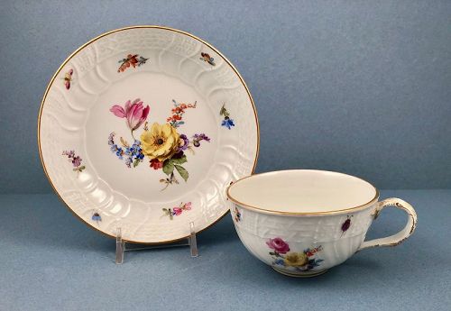 Antique Meissen Tea Cup & Saucer, New Brandenstein Pattern