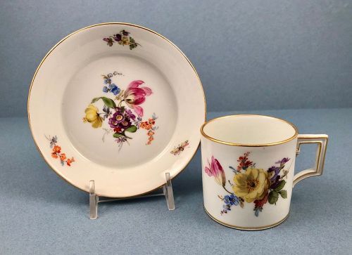 Antique Meissen Demitasse or Espresso Cup & Saucer, Deutsche Blumen