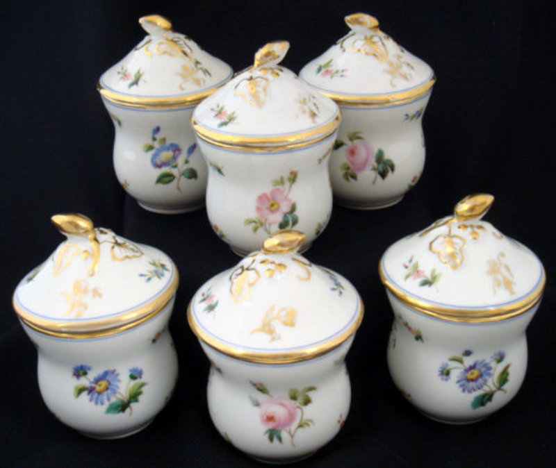 6 Antique Paris Porcelain Pot de Cremes
