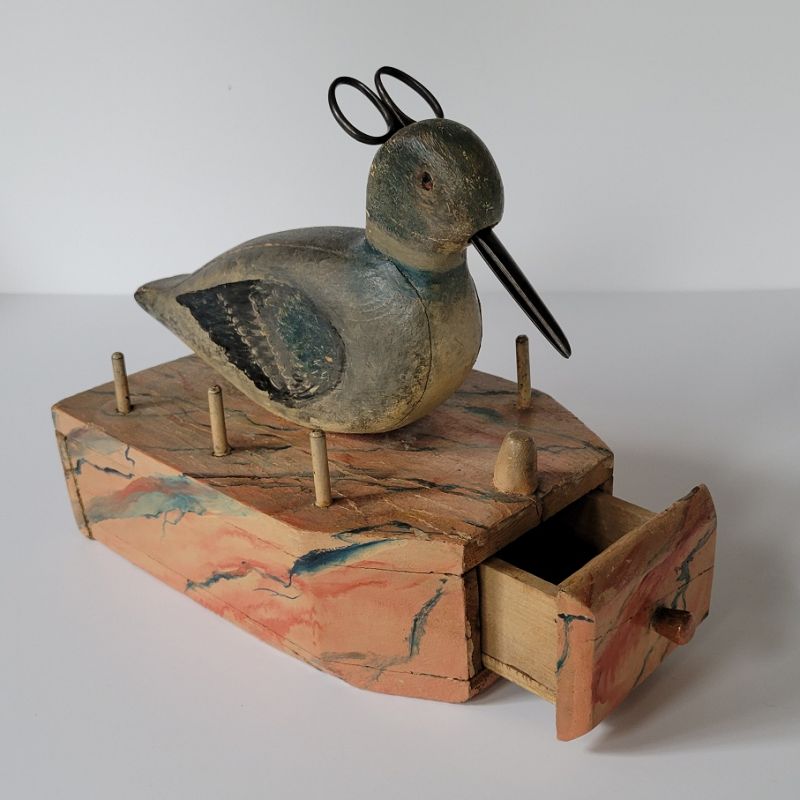 Vintage Folk Art Sewing Box with Bird