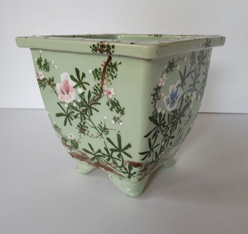 20th C Japanese Celadon Square Shaped Footed Planter Flower Pot