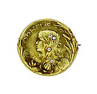 Art Nouveau 14K Gold & Diamond OPHELIA Medallion Pin