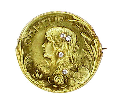 Art Nouveau 14K Gold &amp; Diamond OPHELIA Medallion Pin