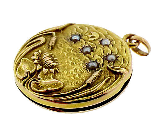Art Nouveau 14K Gold &amp; Pearl Waterlily Locket