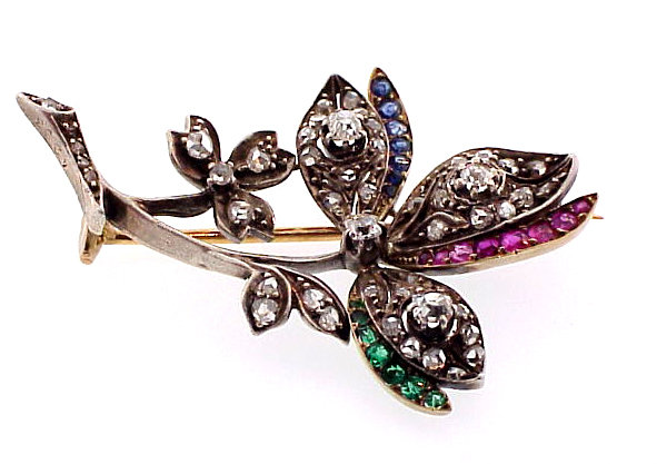 Victorian18K Diamond Ruby Emerald Sapphire Floral Pin