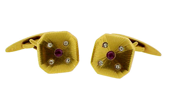 Napoleon III 18K Yellow Gold, Ruby &amp; Diamond Cufflinks