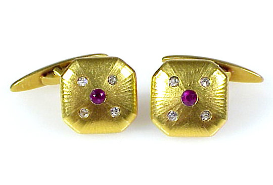 Napoleon III 18K Yellow Gold, Ruby &amp; Diamond Cufflinks