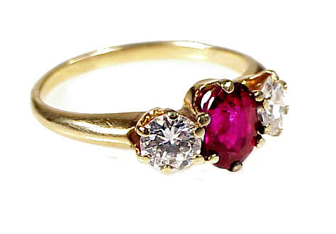 Vintage 14K Gold Ruby &amp; Diamond Three-Stone Ring