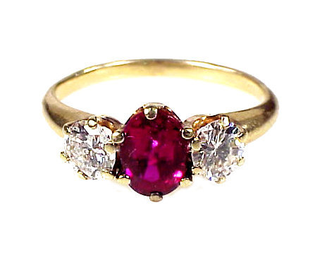 Vintage 14K Gold Ruby &amp; Diamond Three-Stone Ring