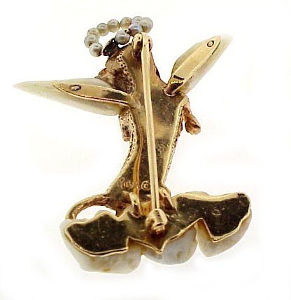 William Ruser 14K Gold Ruby Pearl Dachshund Angel Pin