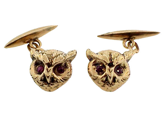 Victorian 14K Yellow Gold &amp; Ruby Owl Cufflinks
