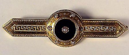 French 18K Gold, Onyx &amp; Pearl Etruscan Brooch