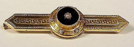 French 18K Gold, Onyx &amp; Pearl Etruscan Brooch