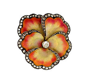 French Art Nouveau 18K Diamond Enamel Pansy Brooch