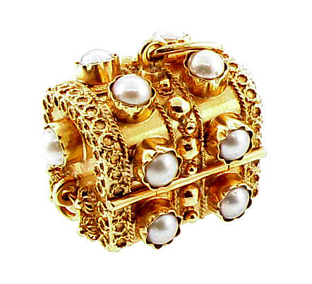 Venetian Etruscan 18K Pearl Treasure Chest Fob Charm