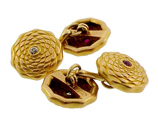 Japanesque Tiffany 18K Gold Diamond Ruby Cufflinks