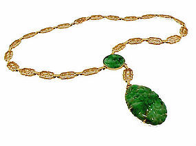 Art Deco 14K Yellow Gold Filigree Jadeite Necklace