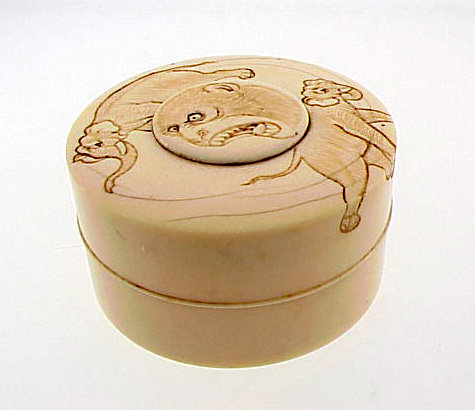 Meiji Carved Elephant &amp; Monkey Ivory Seal Paste Box