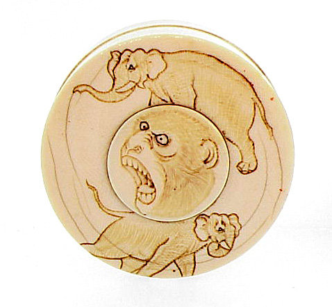 Meiji Carved Elephant &amp; Monkey Ivory Seal Paste Box