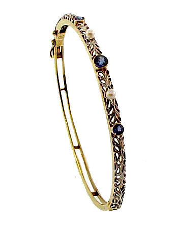 Edwardian 14K Sapphire Pearl Hinged Bangle Bracelet