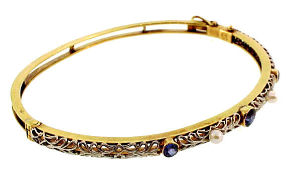 Edwardian 14K Sapphire Pearl Hinged Bangle Bracelet