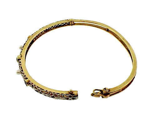 Edwardian 14K Sapphire Pearl Hinged Bangle Bracelet