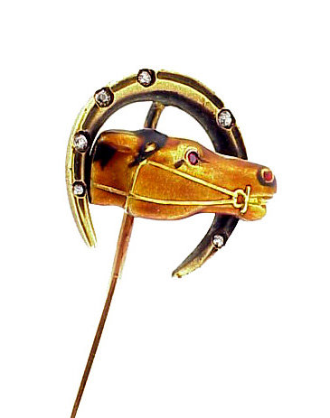 Victorian 14K Gold, Enamel, Diamond Ruby Horse Stickpin