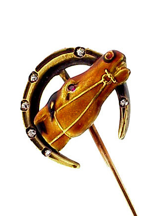 Victorian 14K Gold, Enamel, Diamond Ruby Horse Stickpin