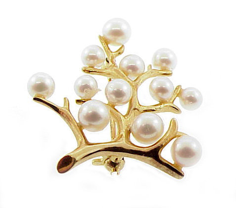 Mikimoto Cultured Pearl 14K Gold TREE OF LIFE Pin
