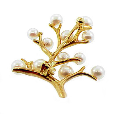 Mikimoto Cultured Pearl 14K Gold TREE OF LIFE Pin
