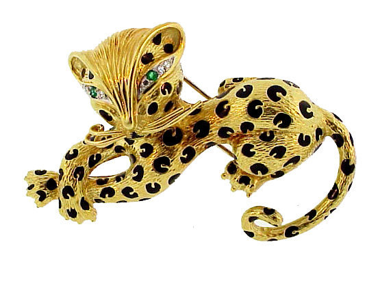 Fred Paris 18K Gold Enamel Diamond Emerald Leopard Pin