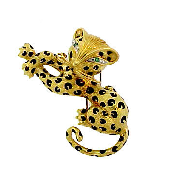 Fred Paris 18K Gold Enamel Diamond Emerald Leopard Pin