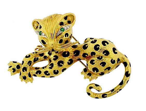 Fred Paris 18K Gold Enamel Diamond Emerald Leopard Pin