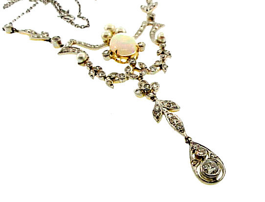 Edwardian Platinum Gold Diamond Opal Pearl Necklace
