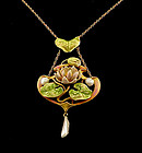 Art Nouveau 14K Gold, Enamel & Pearl  Waterlily Pendant