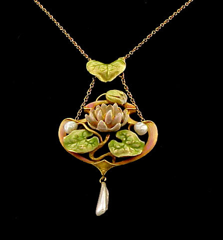 Art Nouveau 14K Gold, Enamel &amp; Pearl  Waterlily Pendant
