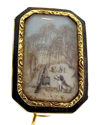 Georgian 15K Gold, Hair &amp; Ivory Miniature Mourning Pin