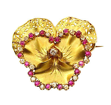 Napoleon III 18K Gold, Diamond &amp; Ruby Pansy Brooch