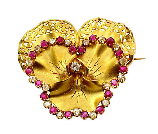 Napoleon III 18K Gold, Diamond &amp; Ruby Pansy Brooch
