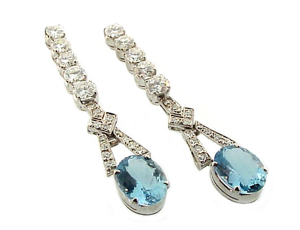 Platinum, Diamond &amp; Aquamarine Drop Earrings